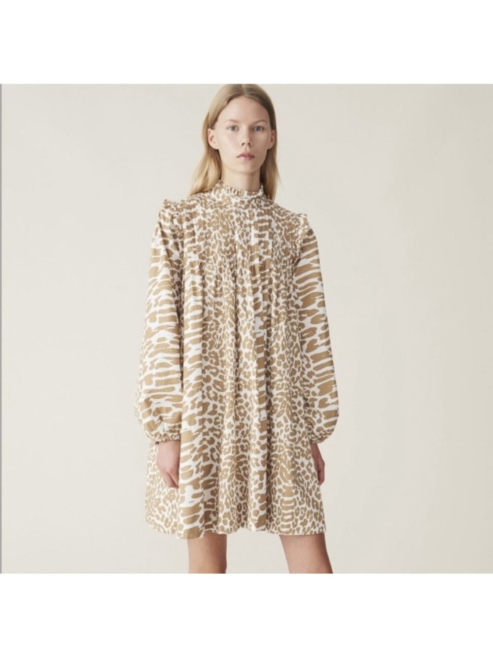 Ganni Printed Cotton Poplin Mini Dress Tan + White Animal Print, Womens Size EU